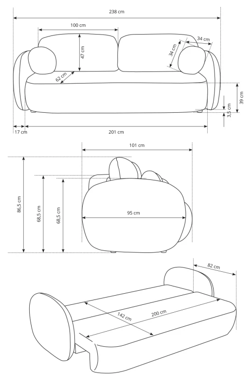Sofa rozkładana OLIO 238 cm z funkcją spania i pojemnikiem na pościel