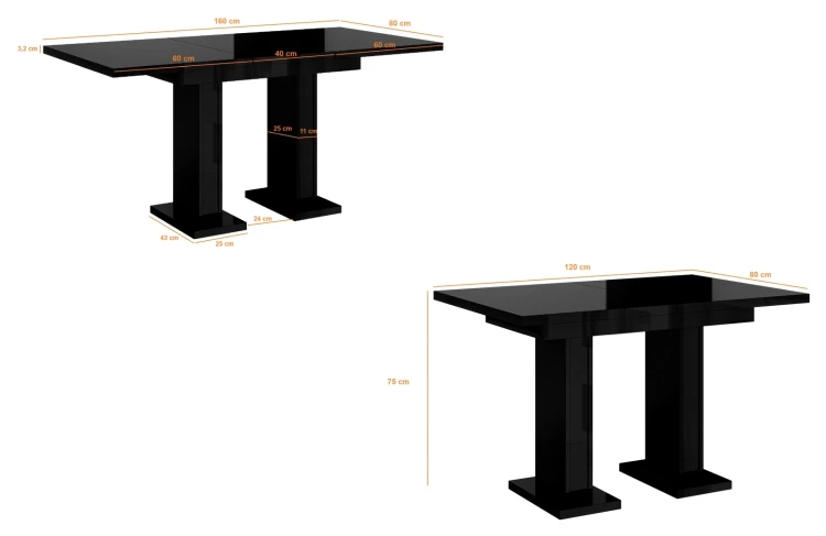 Stół rozkładany Base 120-160 cm prostokątny nowoczesny do jadalni salonu black gloss