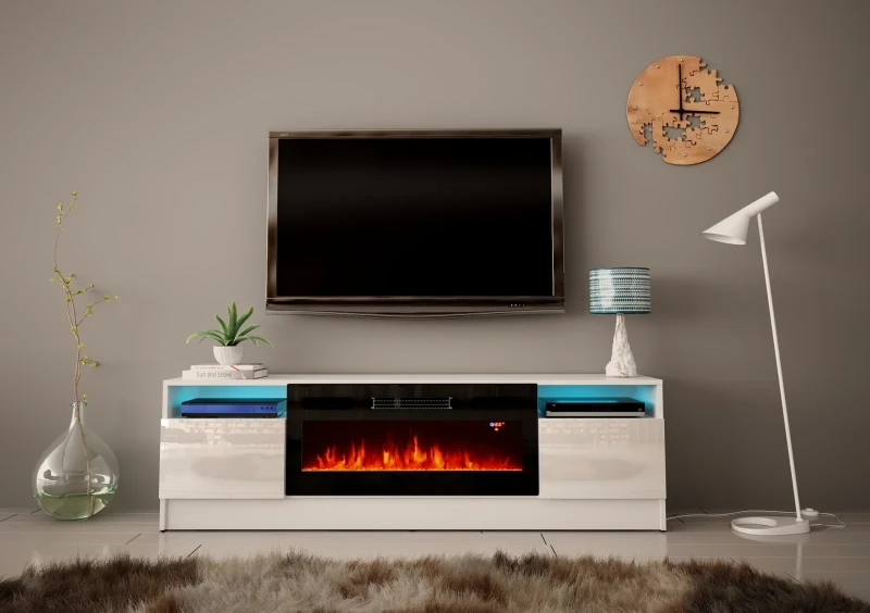 Szafka RTV Duke 160 cm z kominkiem elektrycznym i LED do salonu biały mat/połysk