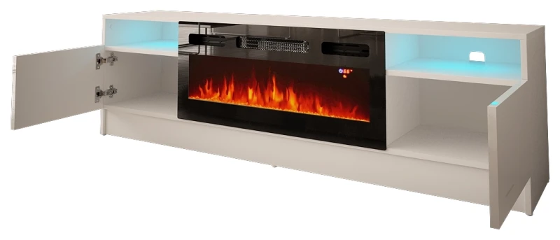 Szafka RTV Duke 160 cm z kominkiem elektrycznym i LED do salonu biały mat/połysk