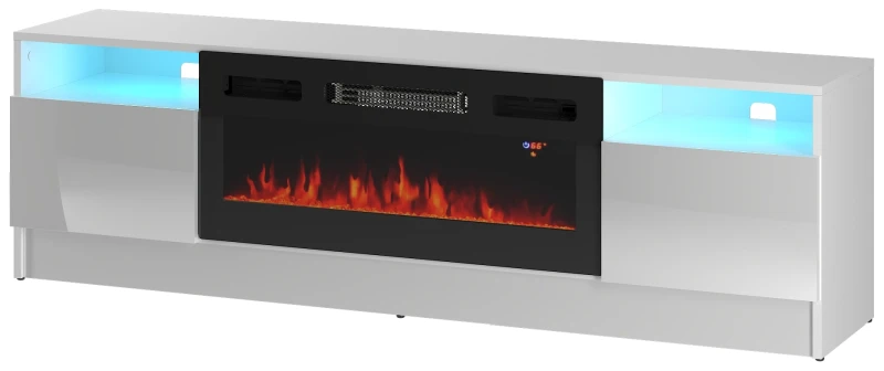 Szafka RTV Duke 160 cm z kominkiem elektrycznym i LED do salonu biały mat/połysk