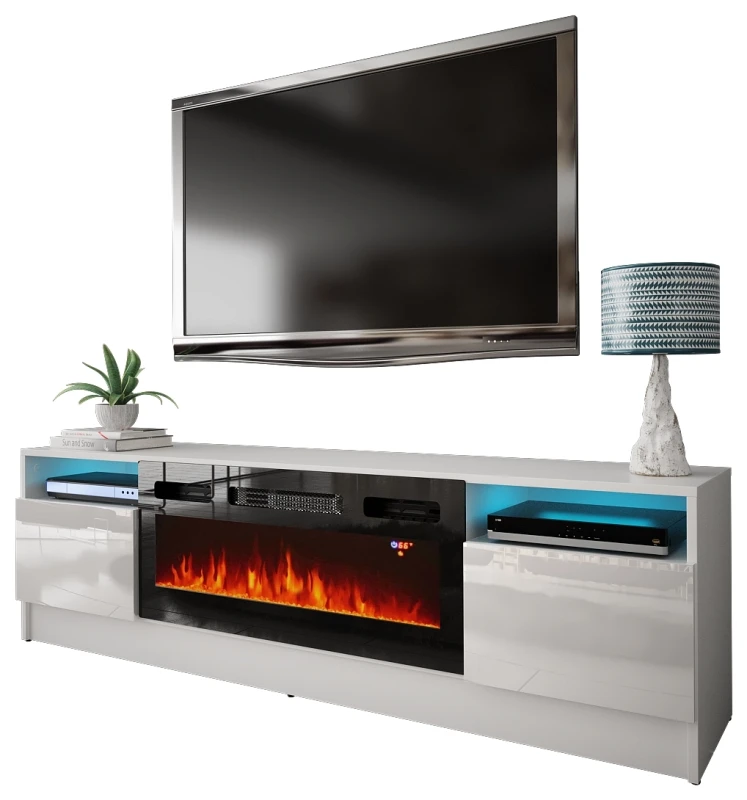 Szafka RTV Duke 160 cm z kominkiem elektrycznym i LED do salonu biały mat/połysk