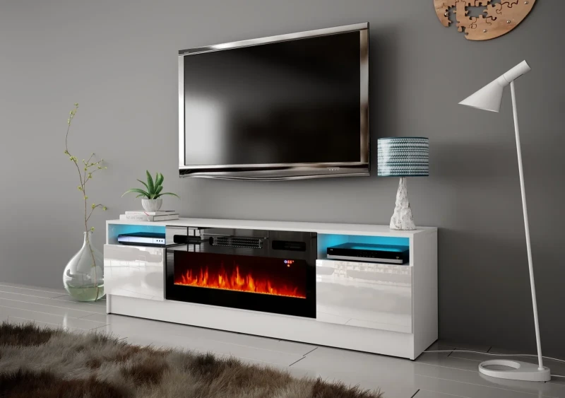 Szafka RTV Duke 160 cm z kominkiem elektrycznym i LED do salonu biały mat/połysk
