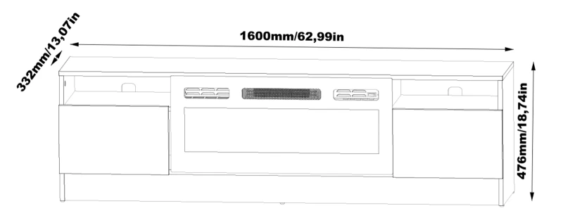 Szafka RTV Duke 160 cm z kominkiem elektrycznym i LED do salonu - wymiary