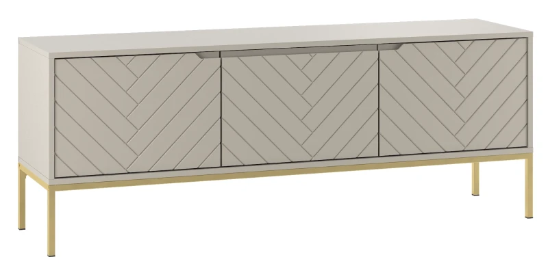 Szafka RTV Aspen I 150 cm trzydrzwiowa na metalowych nóżkach do salonu cashmere/złoty