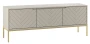 Szafka RTV Aspen I 150 cm trzydrzwiowa na metalowych nóżkach do salonu cashmere/złoty