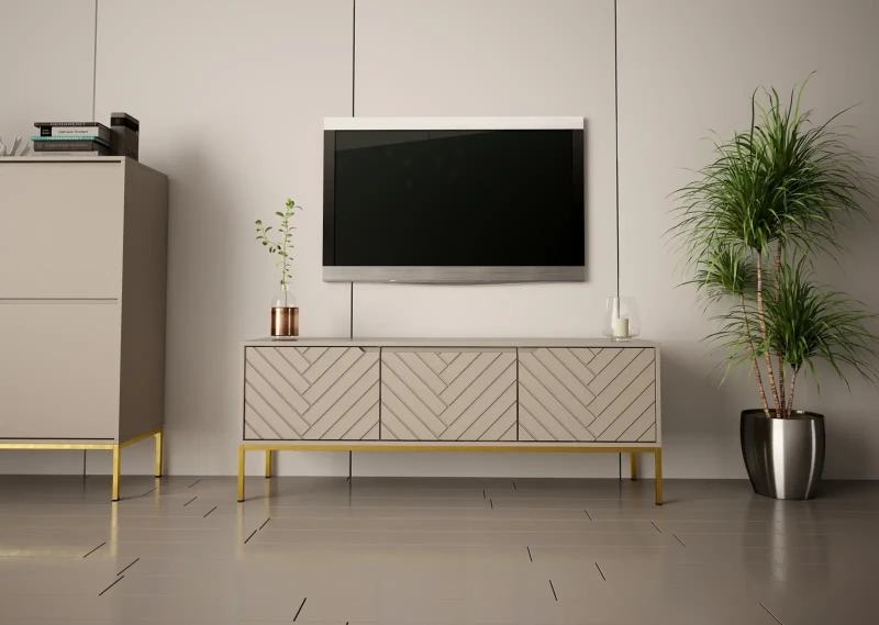 Szafka RTV Aspen I 150 cm trzydrzwiowa na metalowych nóżkach do salonu cashmere/złoty