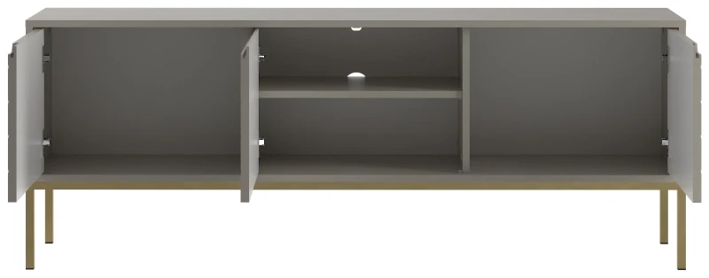Szafka RTV Aspen I 150 cm trzydrzwiowa na metalowych nóżkach do salonu cashmere/złoty