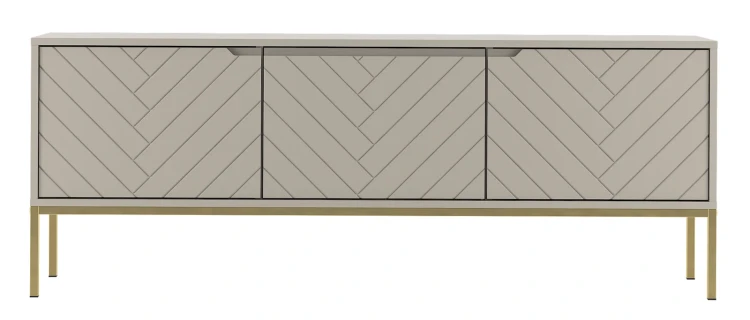 Szafka RTV Aspen I 150 cm trzydrzwiowa na metalowych nóżkach do salonu cashmere/złoty