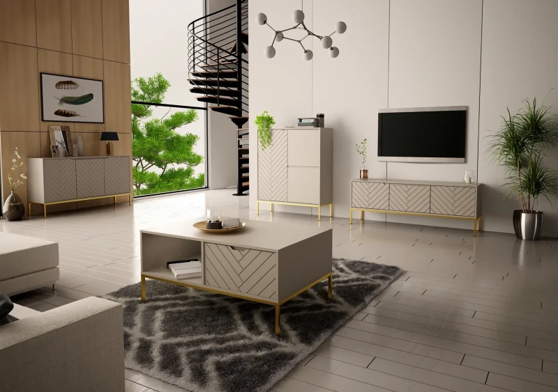 Szafka RTV Aspen I 150 cm trzydrzwiowa na metalowych nóżkach do salonu cashmere/złoty