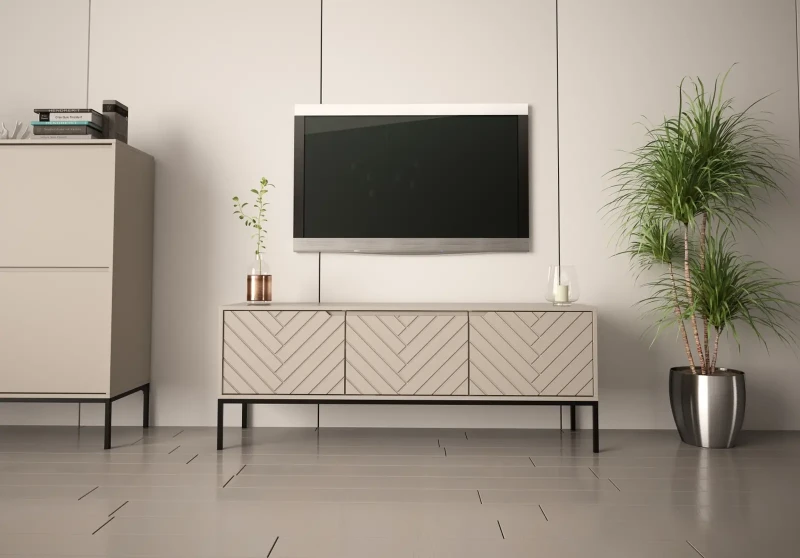 Szafka RTV Aspen I 150 cm trzydrzwiowa na metalowych nóżkach do salonu cashmere/czarny