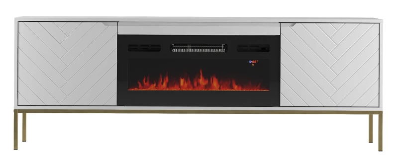 Szafka RTV Aspen II 180 cm dwudrzwiowa z kominkiem elektrycznym do salonu biały/złoty