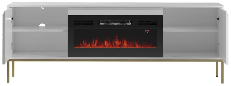 Szafka RTV Aspen II 180 cm dwudrzwiowa z kominkiem elektrycznym do salonu biały/złoty