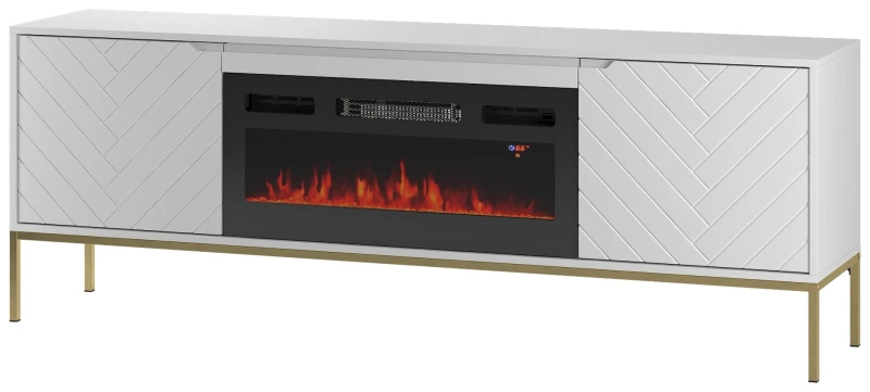 Szafka RTV Aspen II 180 cm dwudrzwiowa z kominkiem elektrycznym do salonu biały/złoty