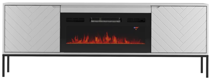 Szafka RTV Aspen II 180 cm dwudrzwiowa z kominkiem elektrycznym do salonu biały/czarny