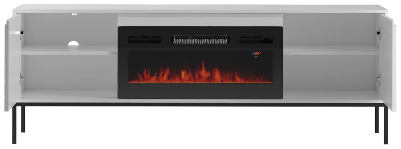 Szafka RTV Aspen II 180 cm dwudrzwiowa z kominkiem elektrycznym do salonu biały/czarny