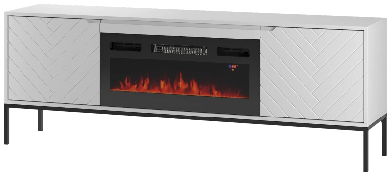 Szafka RTV Aspen II 180 cm dwudrzwiowa z kominkiem elektrycznym do salonu biały/czarny