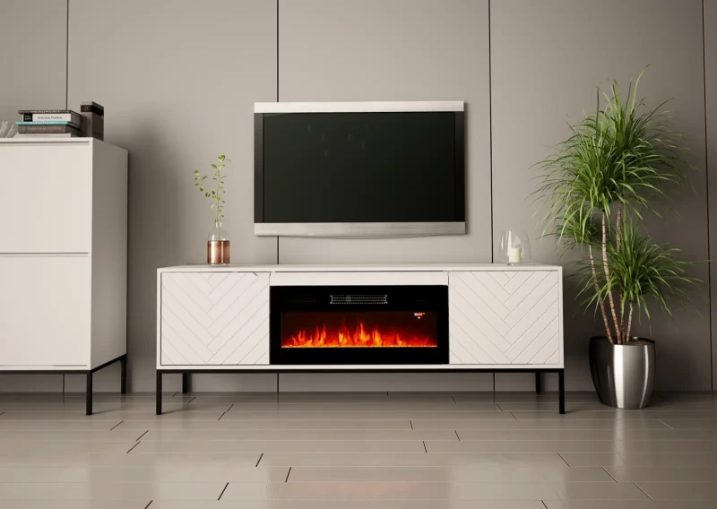 Szafka RTV Aspen II 180 cm dwudrzwiowa z kominkiem elektrycznym do salonu biały/czarny