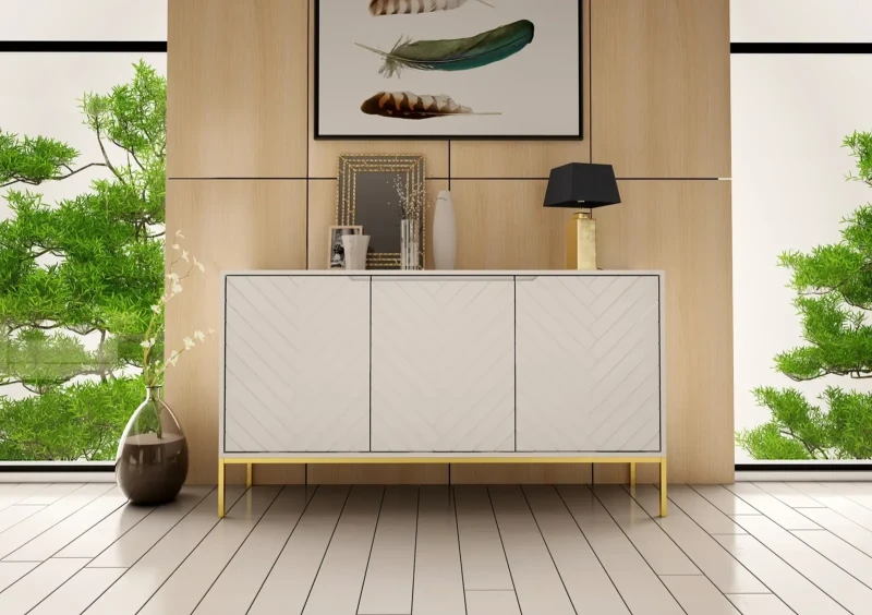 Komoda Aspen III 150 cm trzydrzwiowa z frezowanymi frontami do salonu biały/złoty