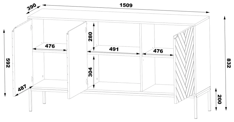 Komoda Aspen III 150 cm trzydrzwiowa z frezowanymi frontami do salonu - wymiary