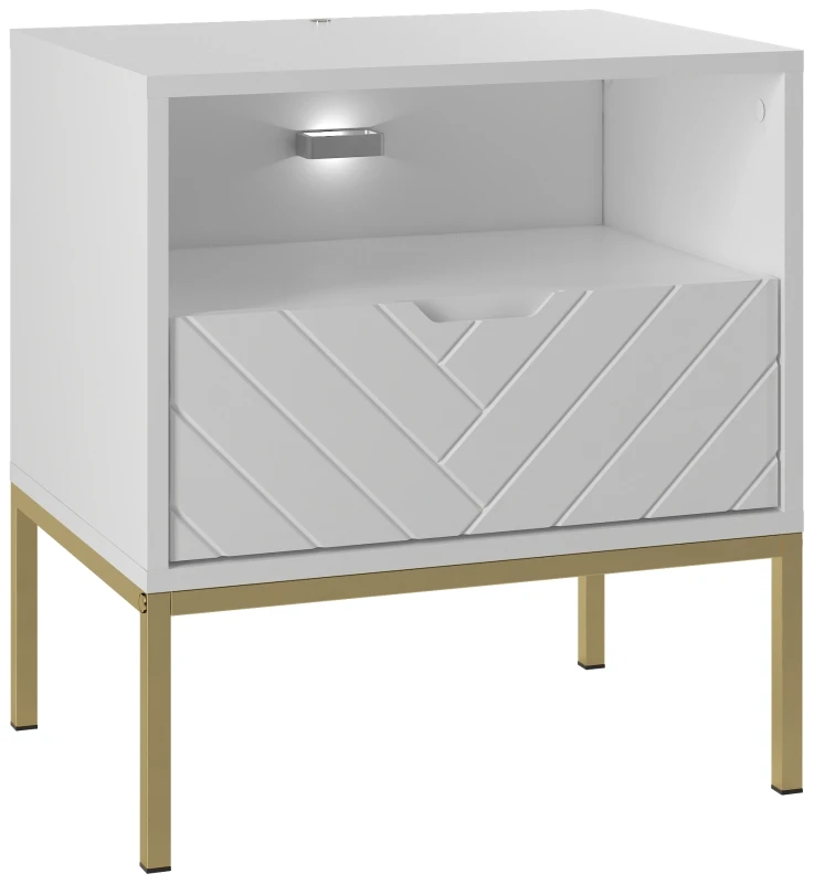 Szafka nocna Aspen IV 53 cm z szufladą i oświetleniem LED do sypialni biały/złoty