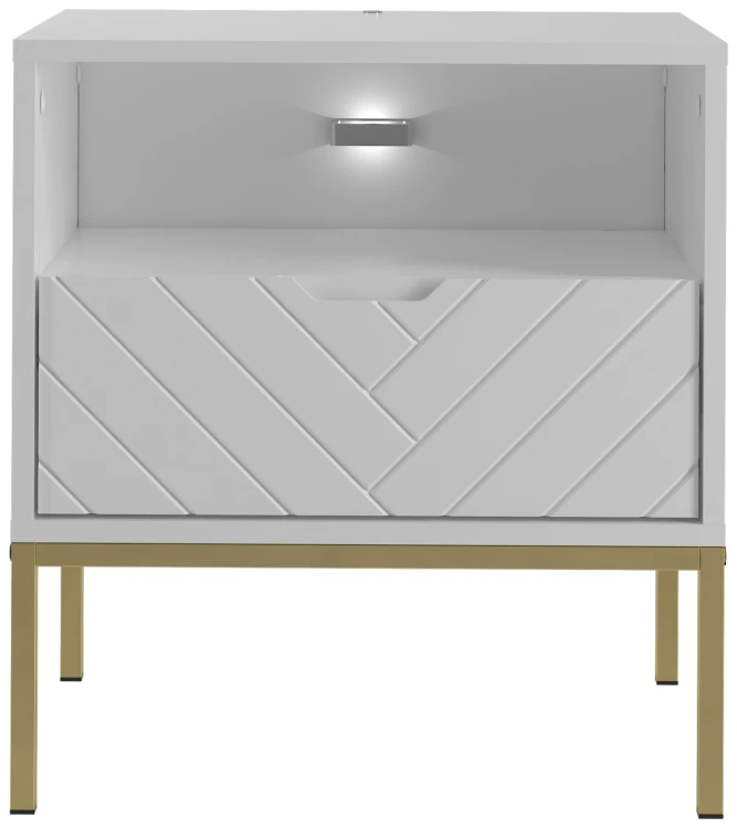 Szafka nocna Aspen IV 53 cm z szufladą i oświetleniem LED do sypialni biały/złoty