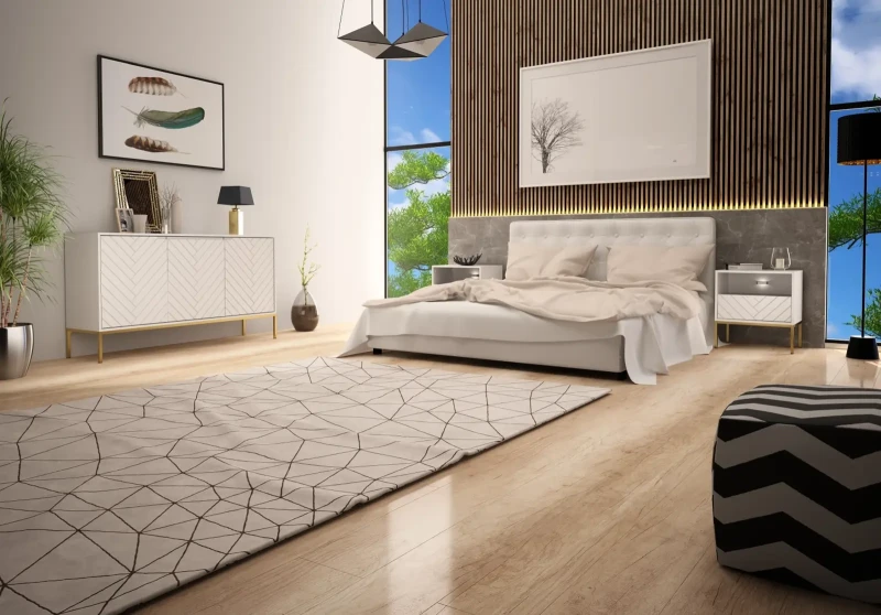 Szafka nocna Aspen IV 53 cm z szufladą i oświetleniem LED do sypialni biały/złoty