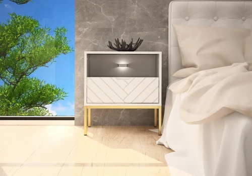 Szafka nocna Aspen IV 53 cm z szufladą i oświetleniem LED do sypialni biały/złoty