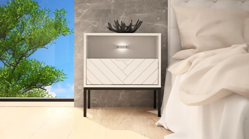 Szafka nocna Aspen IV 53 cm z szufladą i oświetleniem LED do sypialni biały/czarny