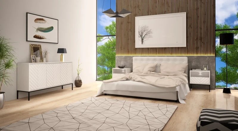 Szafka nocna Aspen IV 53 cm z szufladą i oświetleniem LED do sypialni biały/czarny