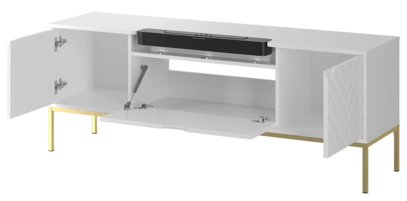 Szafka RTV Aspen VI 150 cm trzydrzwiowa z głośnikiem JBL do salonu biały/złoty