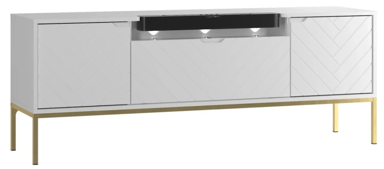 Szafka RTV Aspen VI 150 cm trzydrzwiowa z głośnikiem JBL do salonu biały/złoty