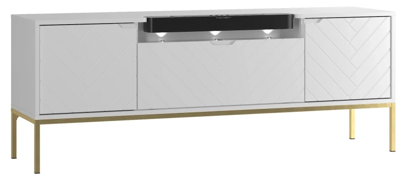 Szafka RTV Aspen VI 150 cm trzydrzwiowa z głośnikiem JBL do salonu biały/złoty