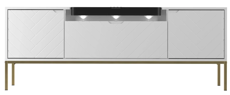 Szafka RTV Aspen VI 150 cm trzydrzwiowa z głośnikiem JBL do salonu biały/złoty