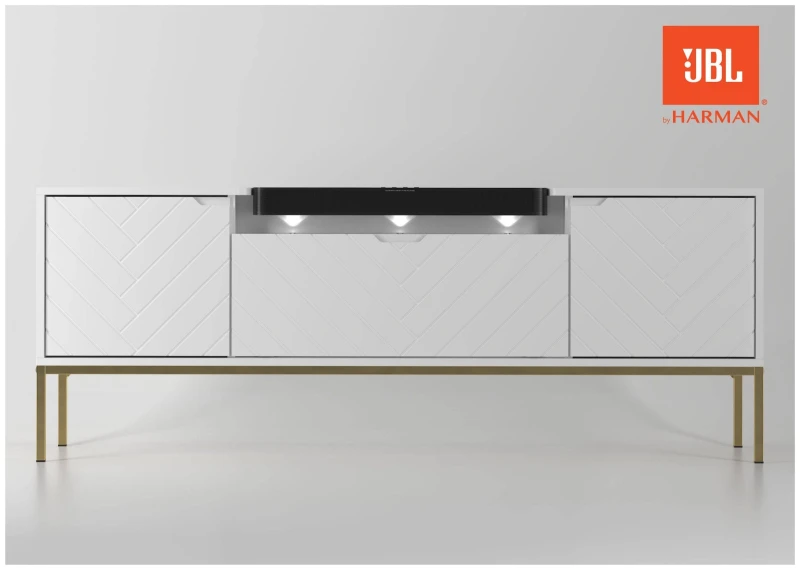 Szafka RTV Aspen VI 150 cm trzydrzwiowa z głośnikiem JBL do salonu biały/złoty