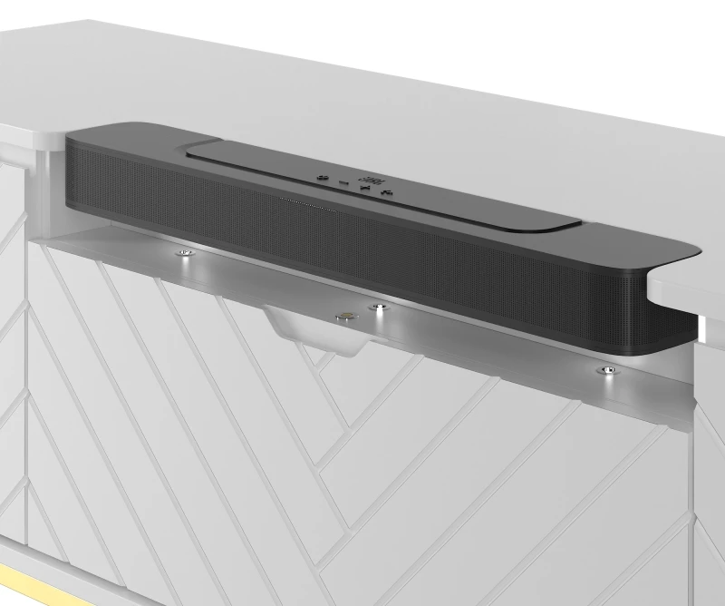 Szafka RTV Aspen VI 150 cm trzydrzwiowa z głośnikiem JBL do salonu biały/złoty