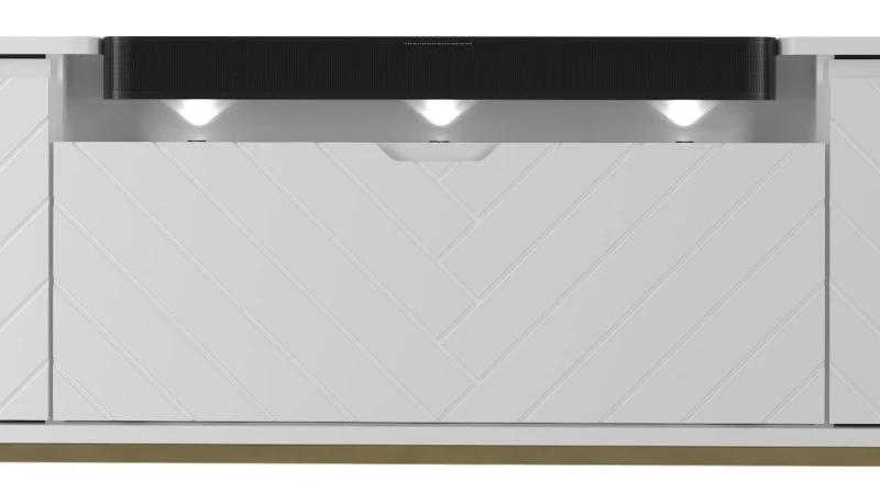 Szafka RTV Aspen VI 150 cm trzydrzwiowa z głośnikiem JBL do salonu biały/złoty