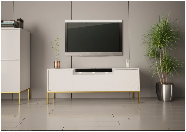 Szafka RTV Aspen VI 150 cm trzydrzwiowa z głośnikiem JBL do salonu biały/złoty