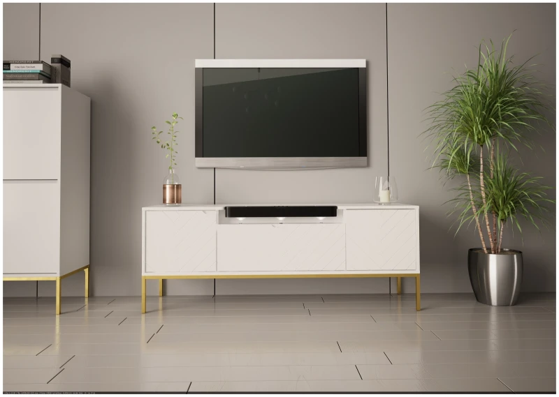 Szafka RTV Aspen VI 150 cm trzydrzwiowa z głośnikiem JBL do salonu biały/złoty