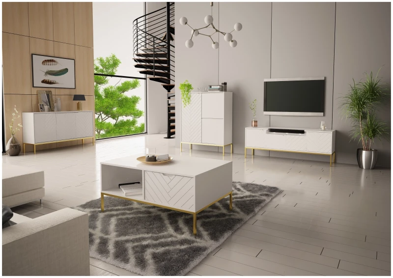 Szafka RTV Aspen VI 150 cm trzydrzwiowa z głośnikiem JBL do salonu biały/złoty