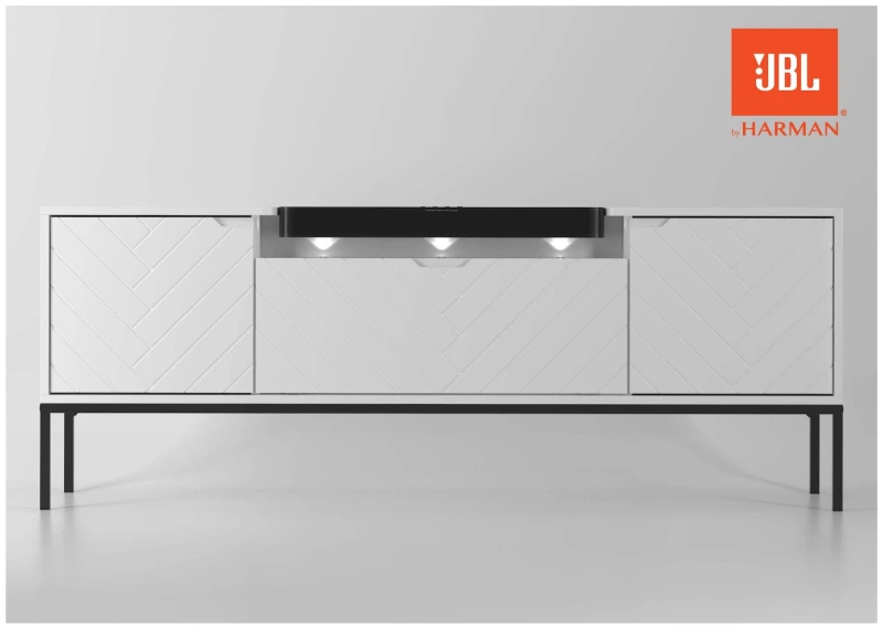 Szafka RTV Aspen VI 150 cm trzydrzwiowa z głośnikiem JBL do salonu biały/czarny