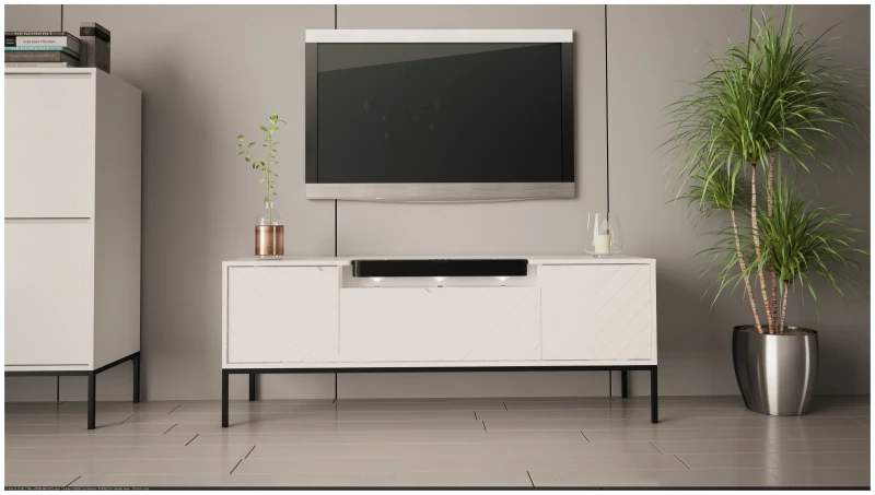 Szafka RTV Aspen VI 150 cm trzydrzwiowa z głośnikiem JBL do salonu biały/czarny