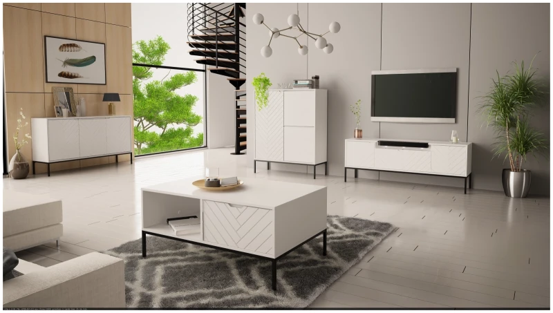 Szafka RTV Aspen VI 150 cm trzydrzwiowa z głośnikiem JBL do salonu biały/czarny