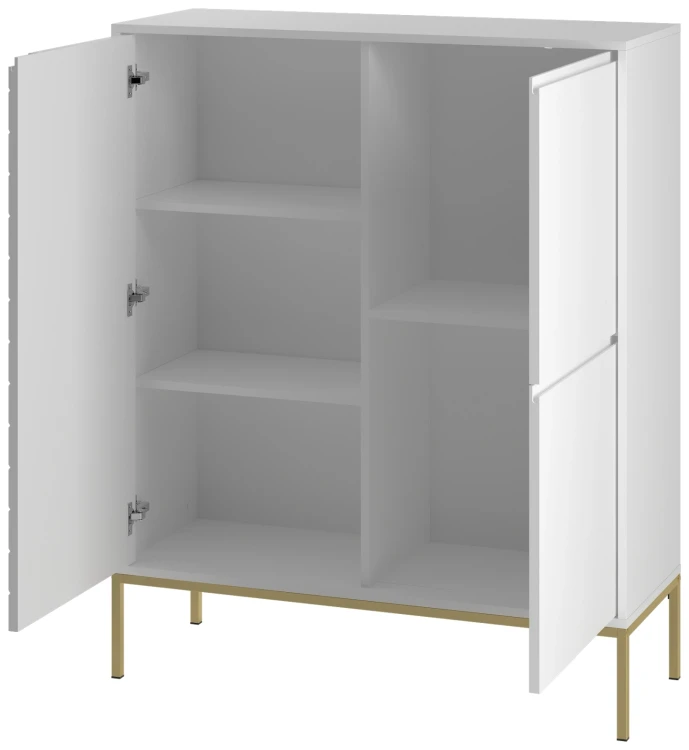 Komoda wysoka Aspen VII 102 cm trzydrzwiowa z frezowanym frontem do salonu biały/złoty