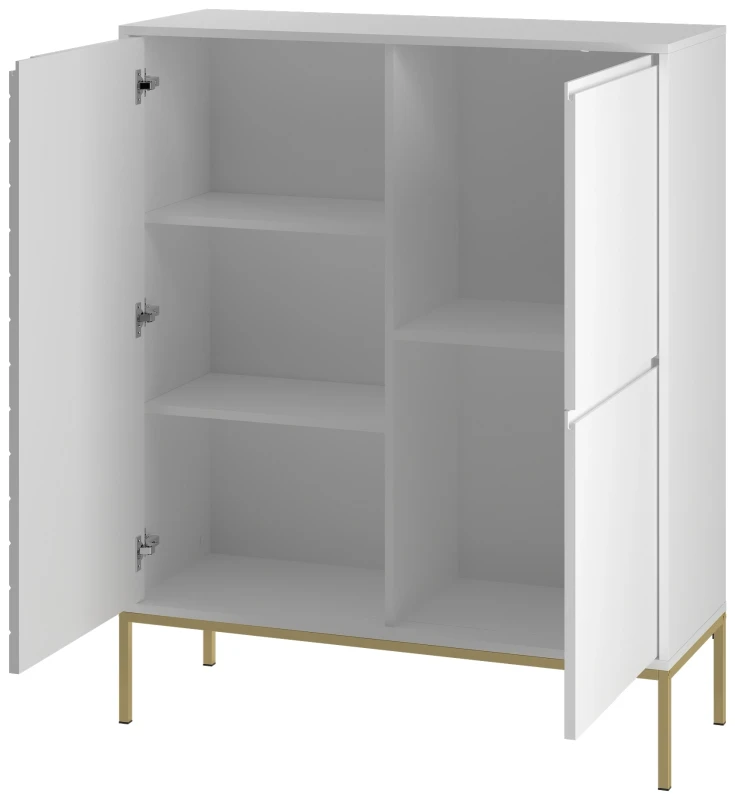Komoda wysoka Aspen VII 102 cm trzydrzwiowa z frezowanym frontem do salonu biały/złoty
