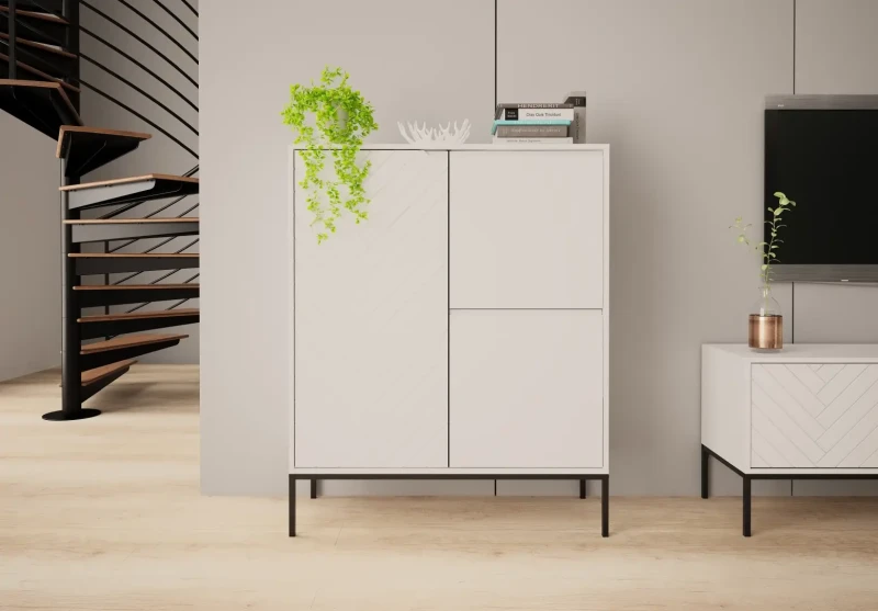 Komoda wysoka Aspen VII 102 cm trzydrzwiowa z frezowanym frontem do salonu biały/czarny