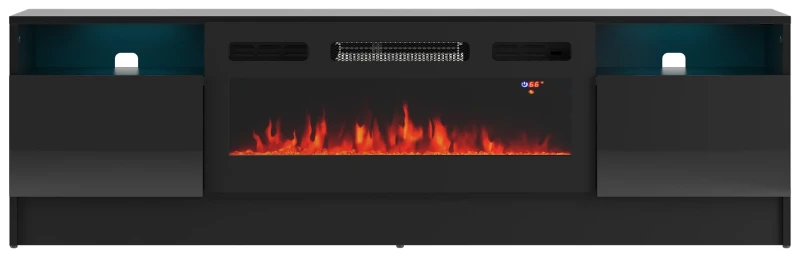Szafka RTV Duke 160 cm z kominkiem elektrycznym i LED do salonu czarny mat/połysk