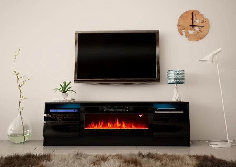 Szafka RTV Duke 160 cm z kominkiem elektrycznym i LED do salonu czarny mat/połysk