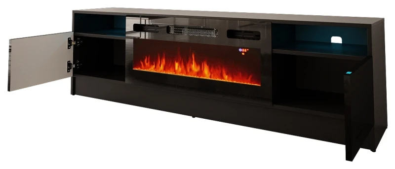 Szafka RTV Duke 160 cm z kominkiem elektrycznym i LED do salonu czarny mat/połysk