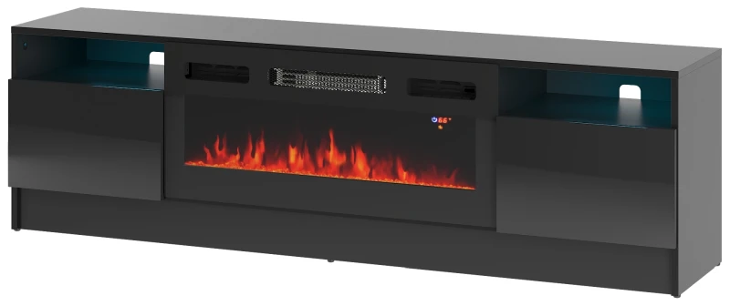 Szafka RTV Duke 160 cm z kominkiem elektrycznym i LED do salonu czarny mat/połysk